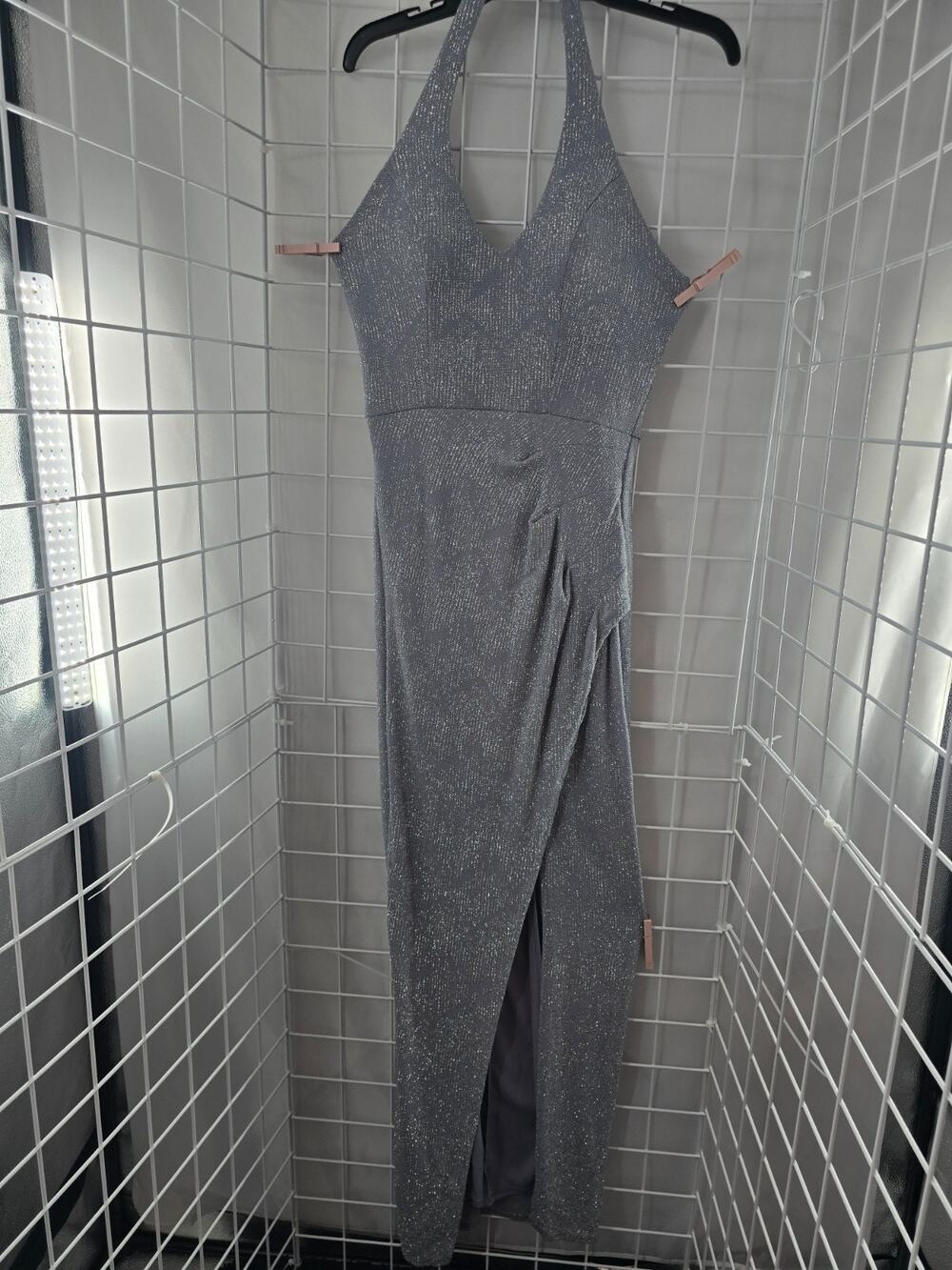 City Vibe Silver Halter Long Formal Dress Bodycon Wedding Prom